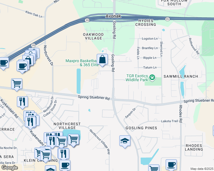 map of restaurants, bars, coffee shops, grocery stores, and more near 22103 Gosling Road in Spring