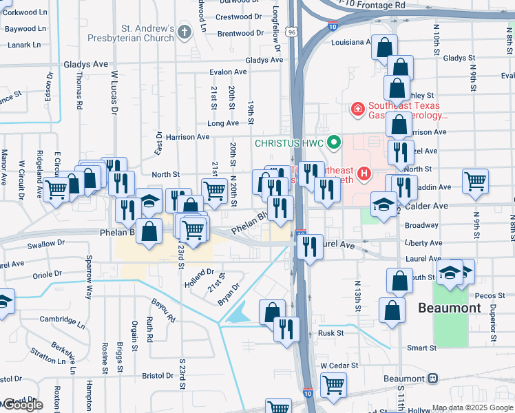 map of restaurants, bars, coffee shops, grocery stores, and more near 510 19th Street in Beaumont