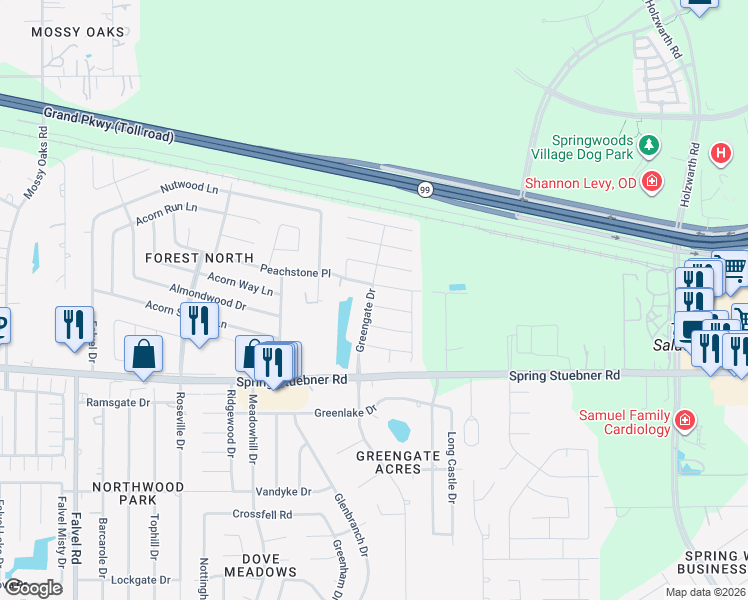 map of restaurants, bars, coffee shops, grocery stores, and more near 2922 Rustling Chestnut Street in Spring