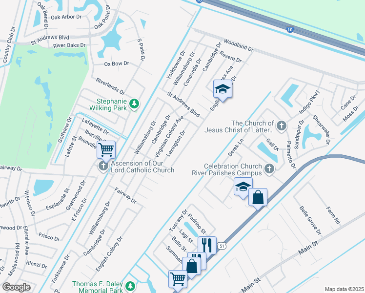 map of restaurants, bars, coffee shops, grocery stores, and more near 2601 English Colony Drive in LaPlace