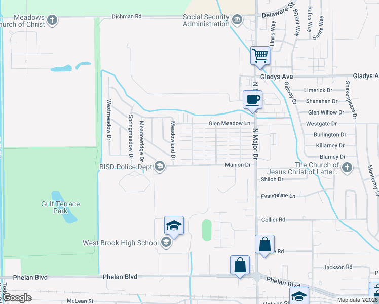 map of restaurants, bars, coffee shops, grocery stores, and more near 1001 Green Meadow Street in Beaumont
