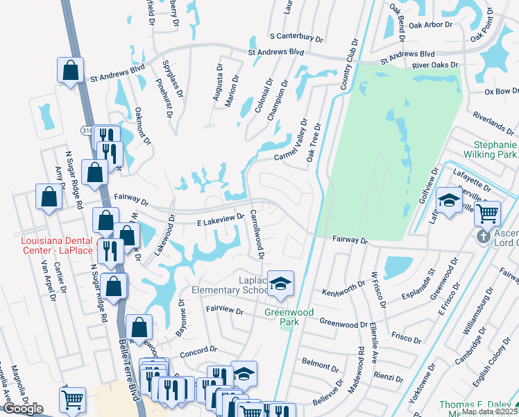 map of restaurants, bars, coffee shops, grocery stores, and more near 1956 Carrollwood Drive in LaPlace
