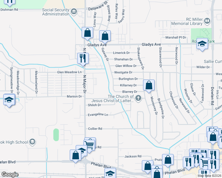 map of restaurants, bars, coffee shops, grocery stores, and more near 1125 Galway Drive in Beaumont