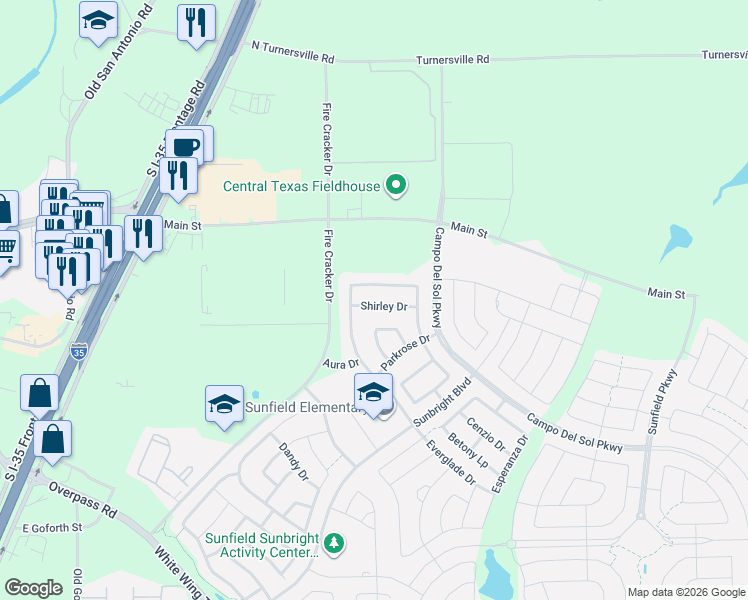 map of restaurants, bars, coffee shops, grocery stores, and more near 161 Shirley Drive in Buda