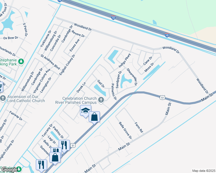 map of restaurants, bars, coffee shops, grocery stores, and more near 101 Gail Drive in LaPlace