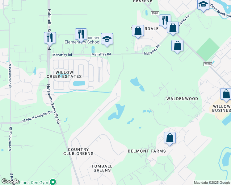 map of restaurants, bars, coffee shops, grocery stores, and more near 10906 North Country Club Green Drive in Tomball