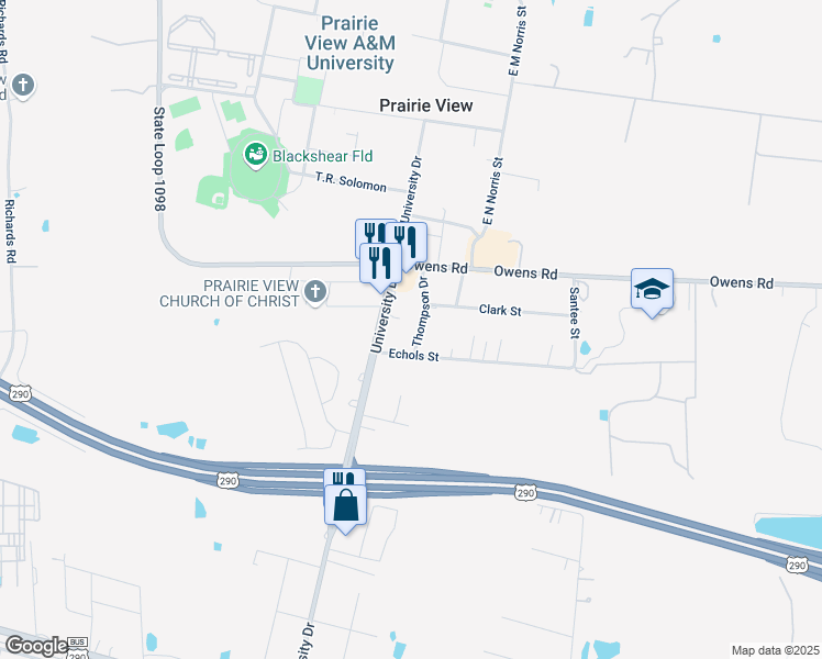 map of restaurants, bars, coffee shops, grocery stores, and more near 709 Thompson Drive in Prairie View