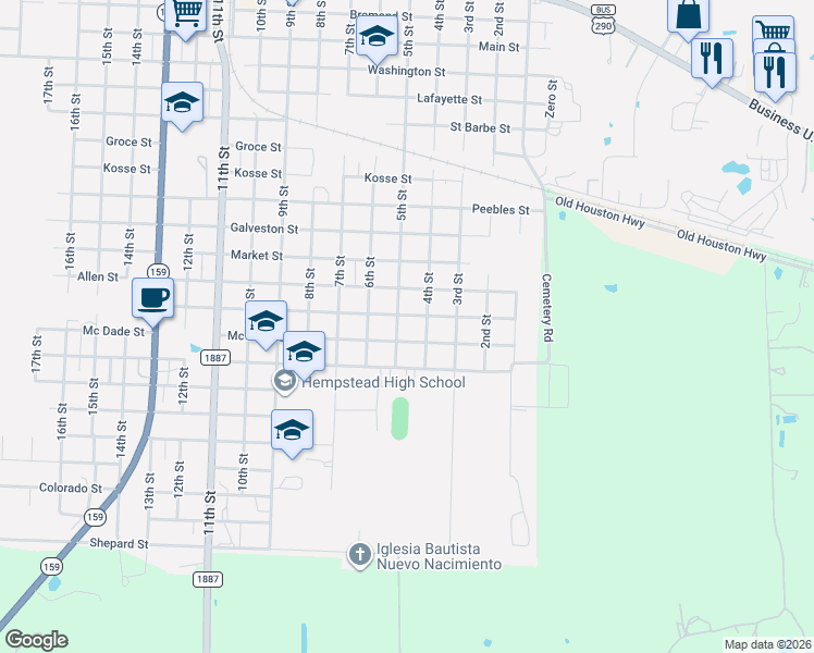 map of restaurants, bars, coffee shops, grocery stores, and more near 2025 5th Street in Hempstead