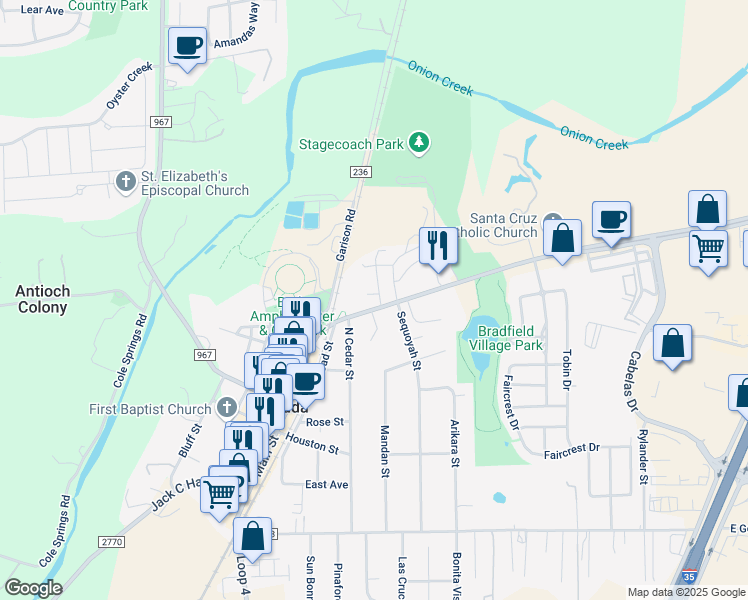 map of restaurants, bars, coffee shops, grocery stores, and more near 208 Loop Street in Buda