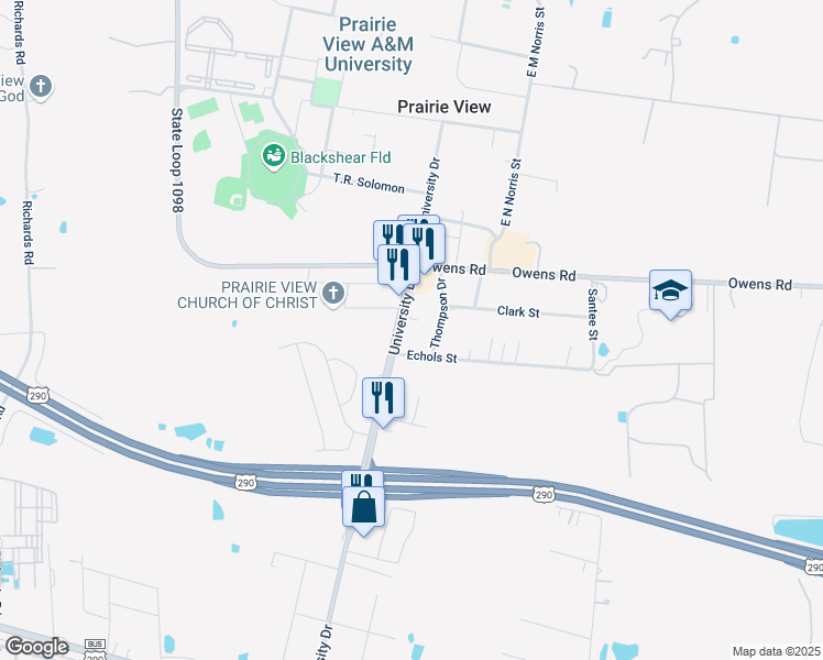 map of restaurants, bars, coffee shops, grocery stores, and more near 709 Thompson Drive in Prairie View
