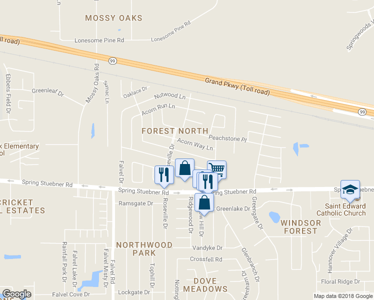 map of restaurants, bars, coffee shops, grocery stores, and more near 3518 Almondwood Drive in Spring