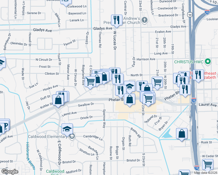 map of restaurants, bars, coffee shops, grocery stores, and more near 4389 Calder Avenue in Beaumont
