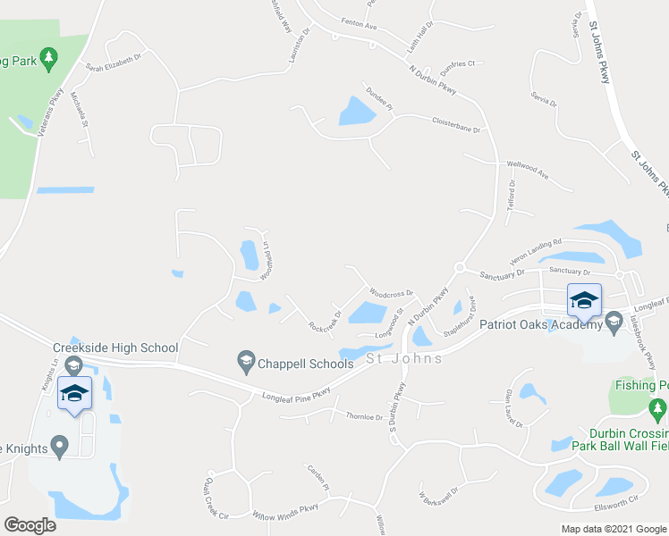 map of restaurants, bars, coffee shops, grocery stores, and more near 191 Woodcross Drive in Saint Johns