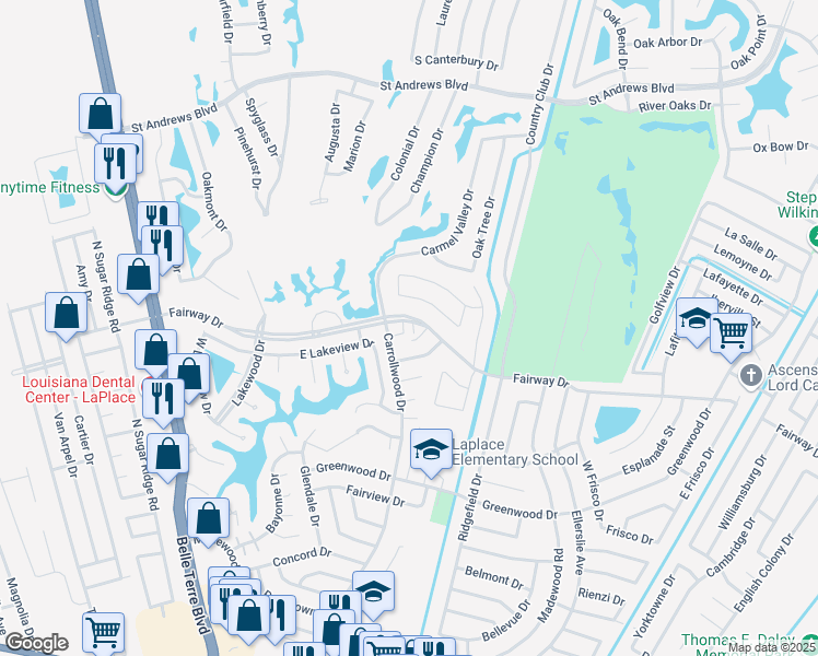 map of restaurants, bars, coffee shops, grocery stores, and more near 1956 Carrollwood Drive in LaPlace