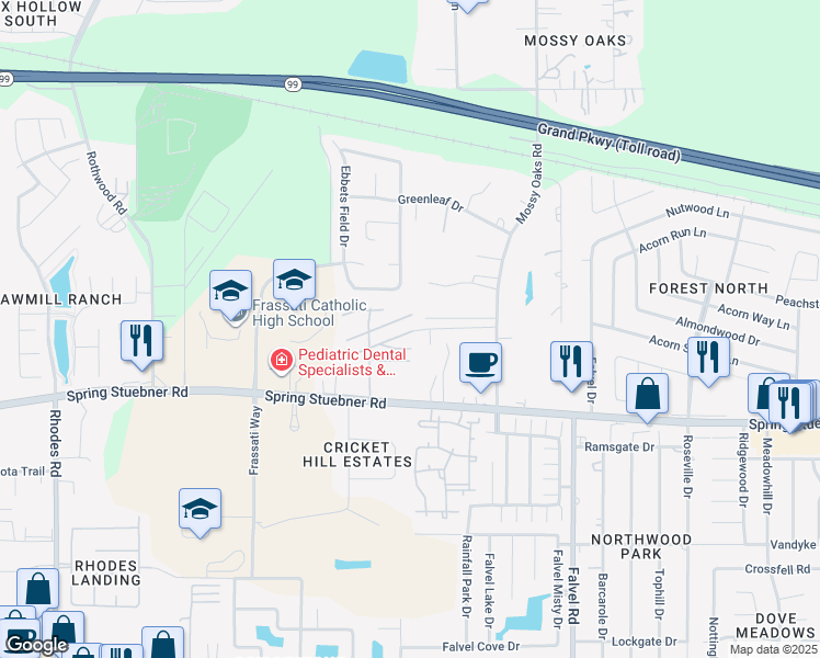 map of restaurants, bars, coffee shops, grocery stores, and more near 4202 Pine Lane in Spring