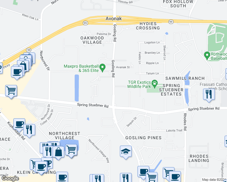 map of restaurants, bars, coffee shops, grocery stores, and more near 22111 Gosling Road in Spring