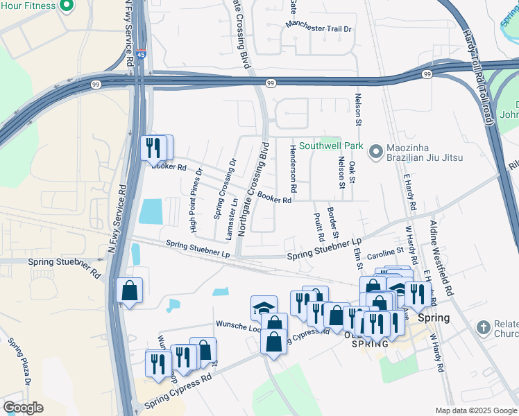map of restaurants, bars, coffee shops, grocery stores, and more near 27131 Sunset Pines Drive in Spring