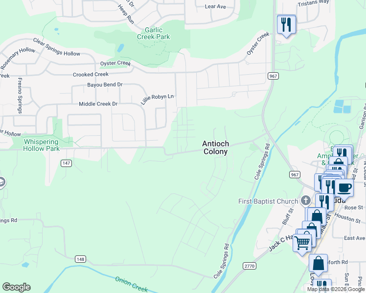 map of restaurants, bars, coffee shops, grocery stores, and more near 425 Old Black Colony Road in Buda