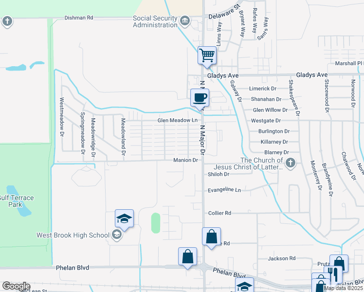map of restaurants, bars, coffee shops, grocery stores, and more near 1139 Park Meadow Drive in Beaumont