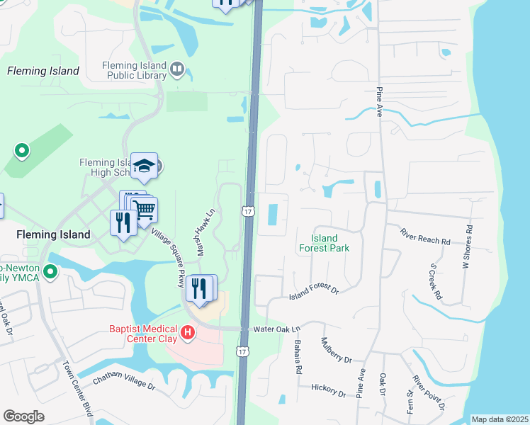 map of restaurants, bars, coffee shops, grocery stores, and more near 1840 Copper Stone Drive in Orange Park