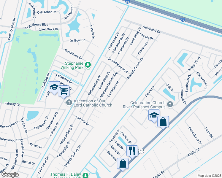 map of restaurants, bars, coffee shops, grocery stores, and more near 2529 Lexington Drive in LaPlace