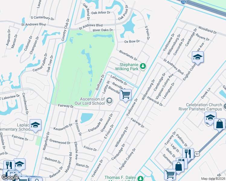 map of restaurants, bars, coffee shops, grocery stores, and more near 718 Bienville Street in LaPlace