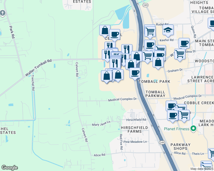 map of restaurants, bars, coffee shops, grocery stores, and more near 14443 Farm to Market 2920 in Tomball