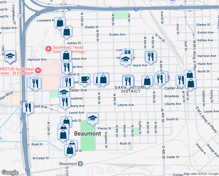 map of restaurants, bars, coffee shops, grocery stores, and more near 2449 Calder Avenue in Beaumont