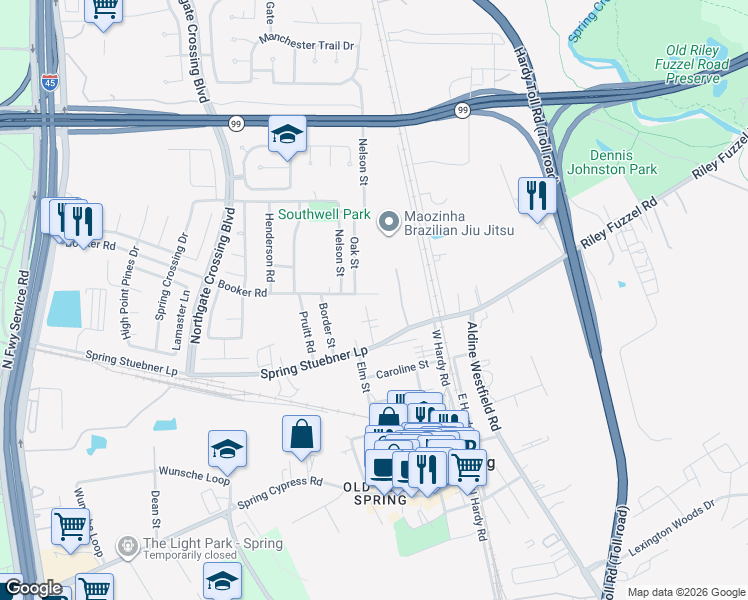 map of restaurants, bars, coffee shops, grocery stores, and more near 307 Booker Road in Spring