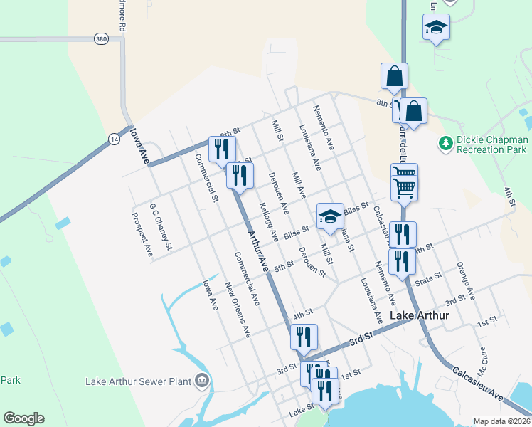 map of restaurants, bars, coffee shops, grocery stores, and more near 6th Street in Lake Arthur