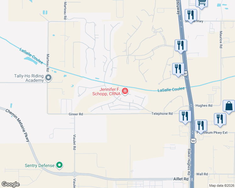 map of restaurants, bars, coffee shops, grocery stores, and more near 100 Shinnecock Hills Dr in Broussard