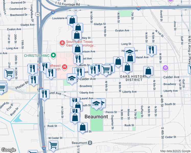 map of restaurants, bars, coffee shops, grocery stores, and more near 2579 Calder Avenue in Beaumont