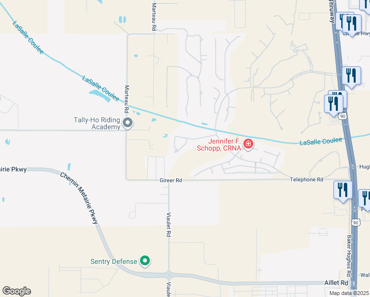 map of restaurants, bars, coffee shops, grocery stores, and more near 105 Grand Cypress Creek Drive in Broussard
