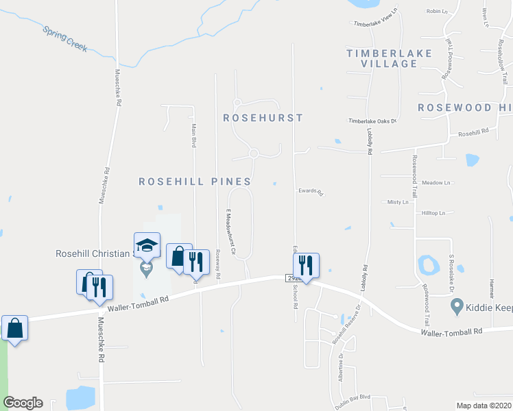 map of restaurants, bars, coffee shops, grocery stores, and more near 22302 East Meadowhurst Circle in Tomball