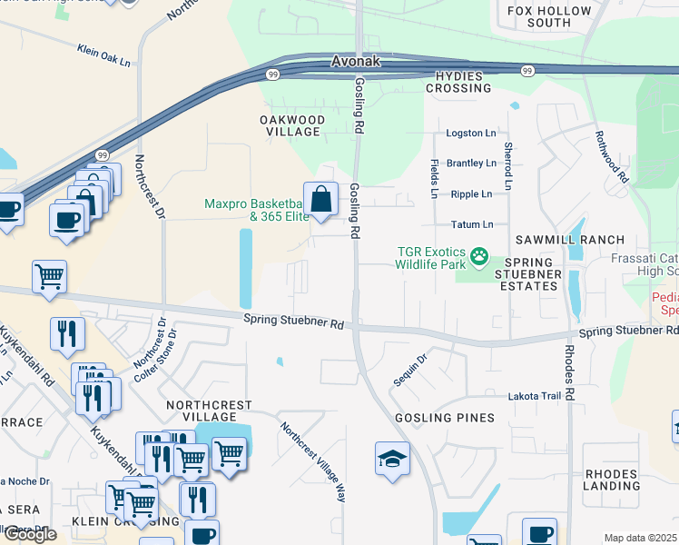 map of restaurants, bars, coffee shops, grocery stores, and more near 22111 Gosling Road in Spring