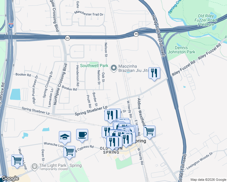 map of restaurants, bars, coffee shops, grocery stores, and more near 307 Booker Road in Spring