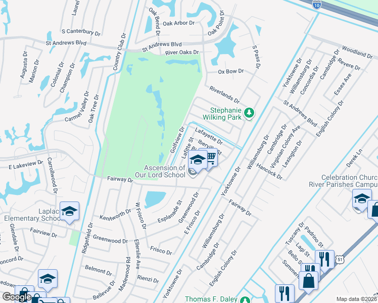 map of restaurants, bars, coffee shops, grocery stores, and more near 718 Bienville Street in LaPlace