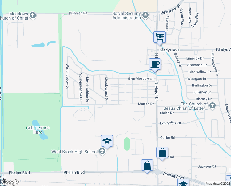map of restaurants, bars, coffee shops, grocery stores, and more near 1001 Green Meadow Street in Beaumont