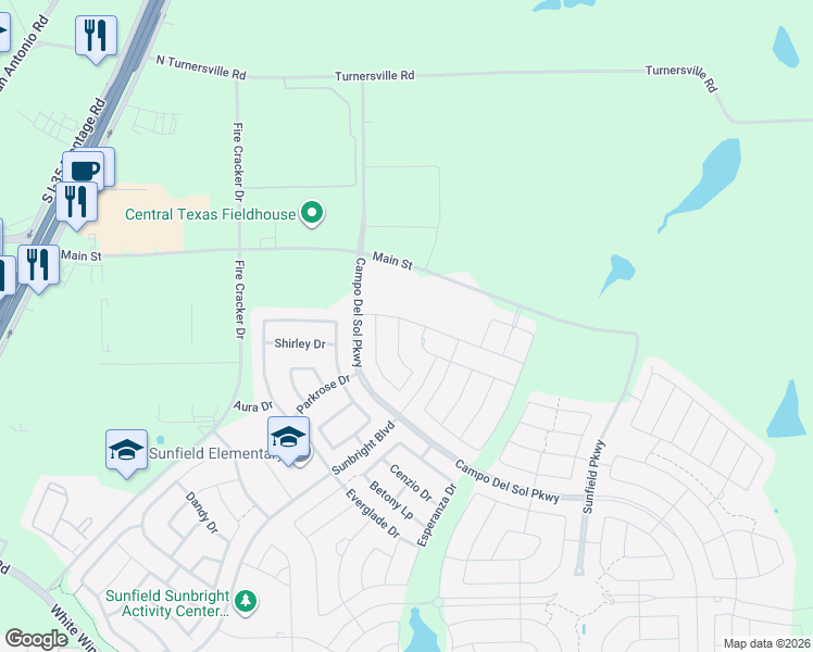 map of restaurants, bars, coffee shops, grocery stores, and more near 442 Thornless Circle in Buda