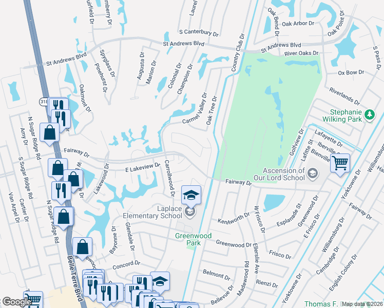 map of restaurants, bars, coffee shops, grocery stores, and more near 384 Fairway Drive in LaPlace