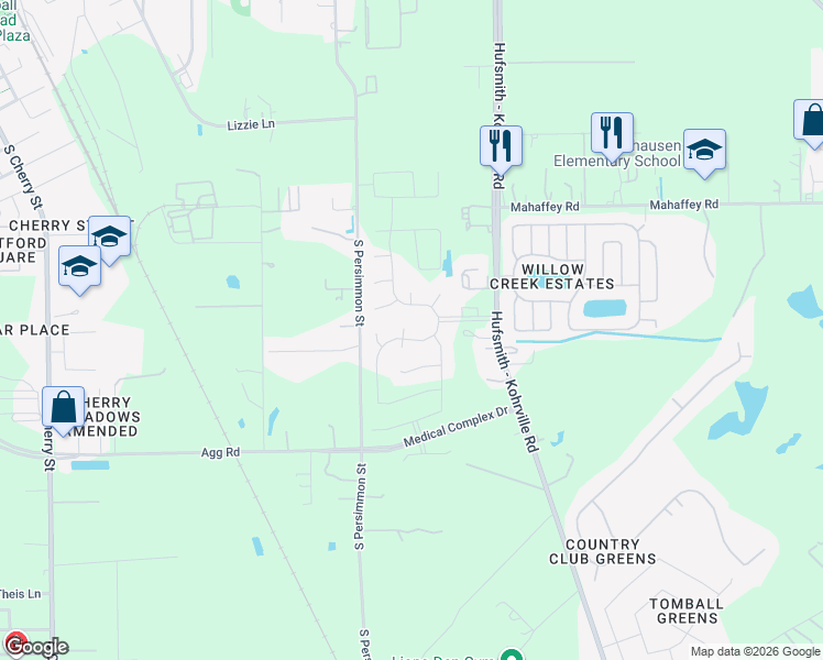 map of restaurants, bars, coffee shops, grocery stores, and more near 1201-1399 South Persimmon Street in Tomball