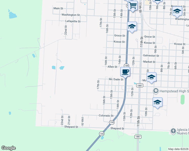 map of restaurants, bars, coffee shops, grocery stores, and more near 20TH Baker Street in Hempstead