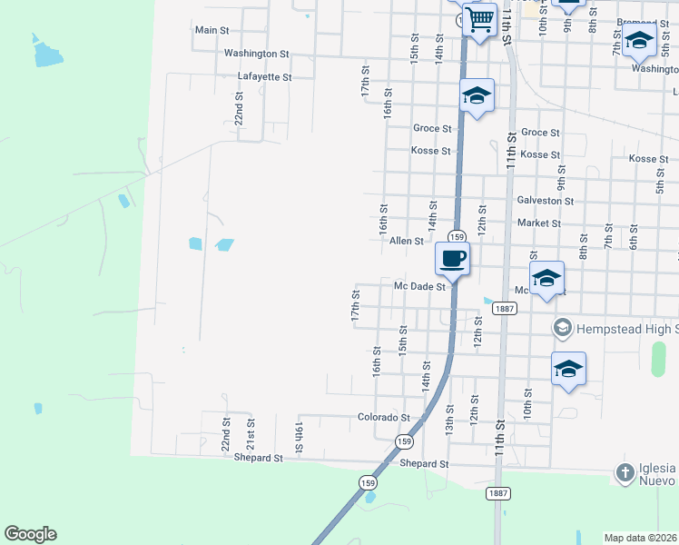 map of restaurants, bars, coffee shops, grocery stores, and more near 20TH Baker Street in Hempstead