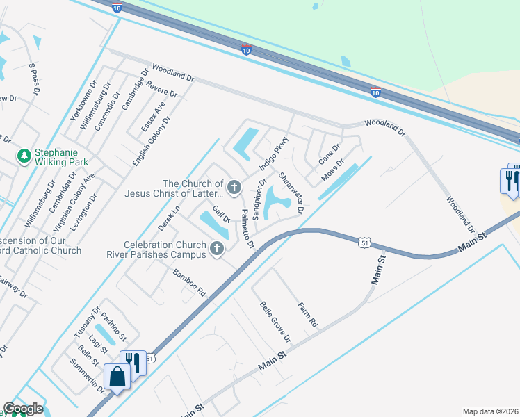 map of restaurants, bars, coffee shops, grocery stores, and more near 76 Shearwater Drive in LaPlace