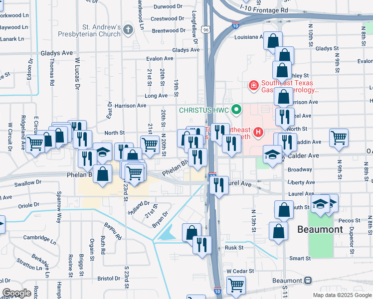 map of restaurants, bars, coffee shops, grocery stores, and more near 510 19th Street in Beaumont