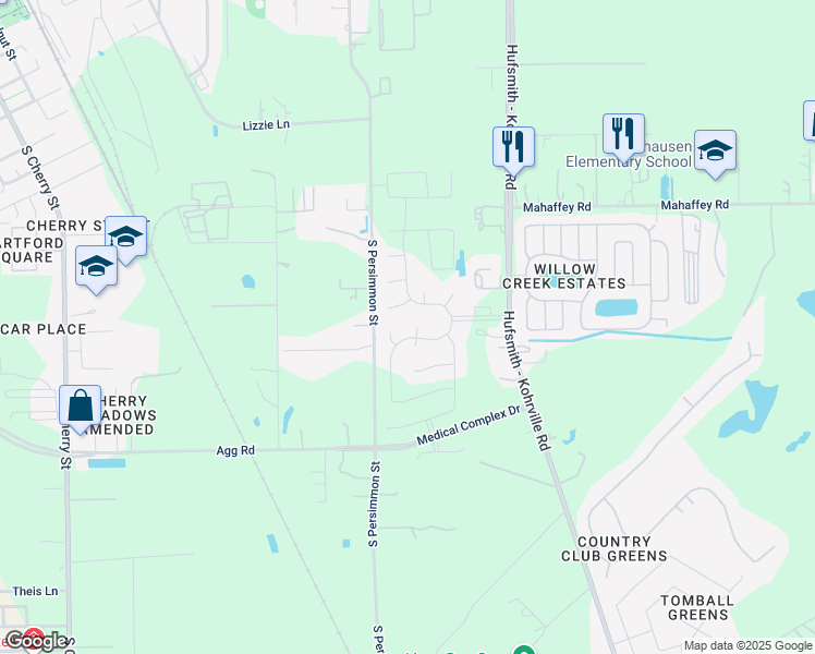 map of restaurants, bars, coffee shops, grocery stores, and more near 1201-1399 South Persimmon Street in Tomball