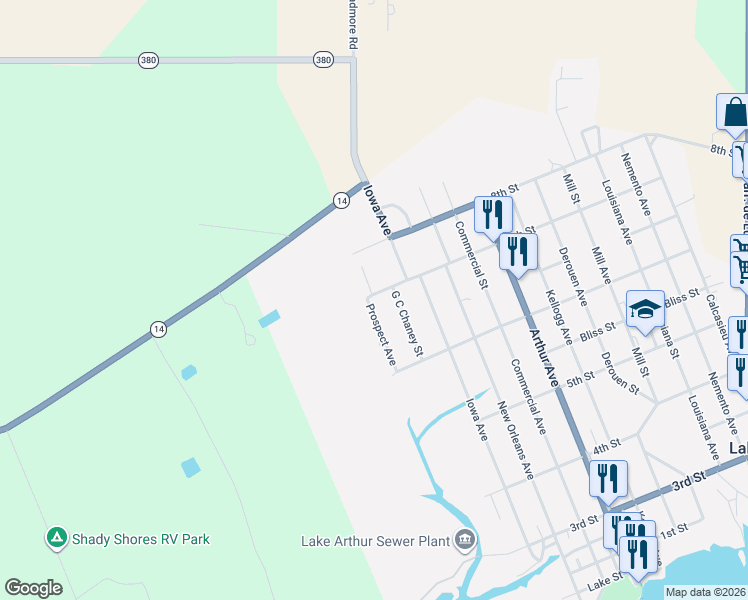 map of restaurants, bars, coffee shops, grocery stores, and more near 600-644 Prospect Avenue in Lake Arthur