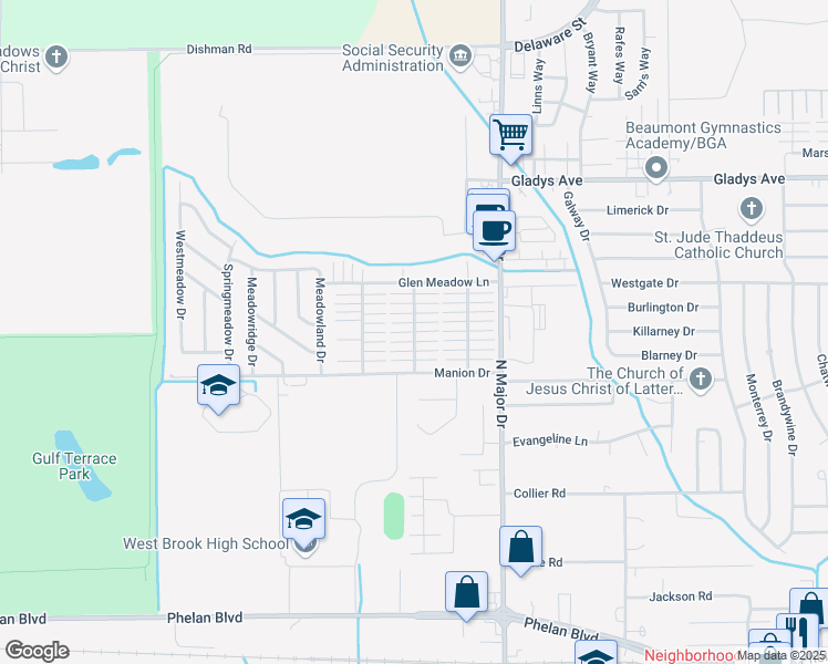 map of restaurants, bars, coffee shops, grocery stores, and more near 1101 Sunmeadow Drive in Beaumont