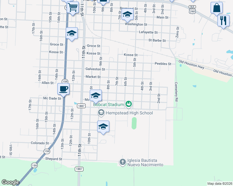 map of restaurants, bars, coffee shops, grocery stores, and more near 231 Mc Dade Street in Hempstead