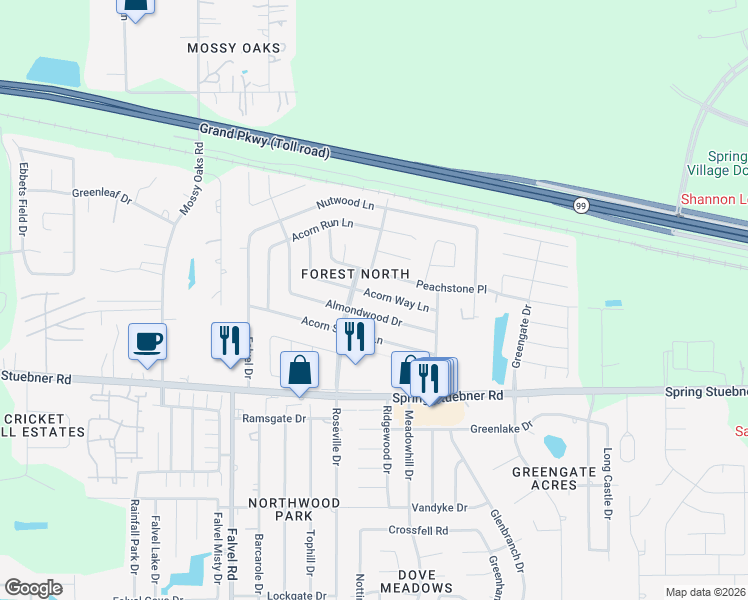 map of restaurants, bars, coffee shops, grocery stores, and more near 3523 Almondwood Drive in Spring
